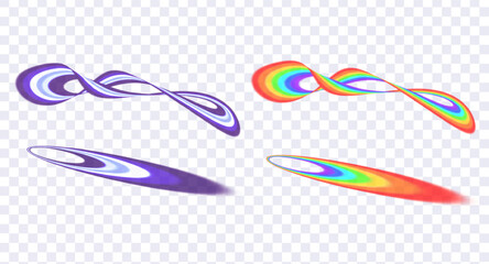 Bright, glowing neon and rainbow abstract rings, intertwined rings, circles, and lines on a transparent background. Vector illustration.