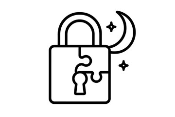 Protected Moonlight Icons. Line style vector icons of protected riddle moonlight: squared lock edge, slim key cavity, curved