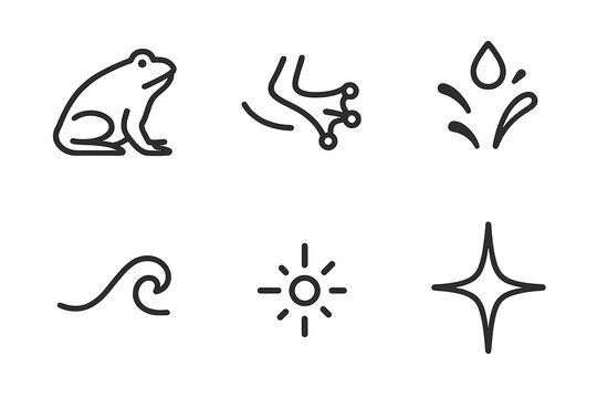 Frog Splash Vector Icons. Line style vector icons of croaker splash emberlight: frog silhouette, leg sweep, splashy micro-drop,