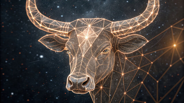 Taurus zodiac. digital illustration of Taurus bull head with glowing geometric pattern set against starry background