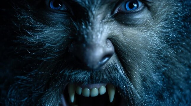 Close up of a werewolf face with blue eyes and visible teeth in a dark setting