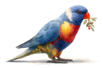 Fototapeta premium Watercolor illustration clipart of a single Santa rainbow lorikeet holding a tiny Christmas tree ornament in its beak, isolate on white background 