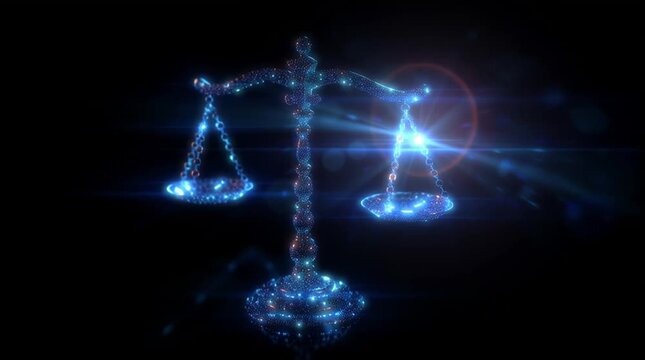 Glowing blue scales of justice with lens flare against a dark black background