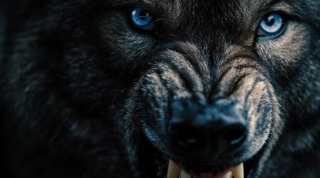 Close up of an angry wolf with blue eyes snarling and showing its teeth fiercely