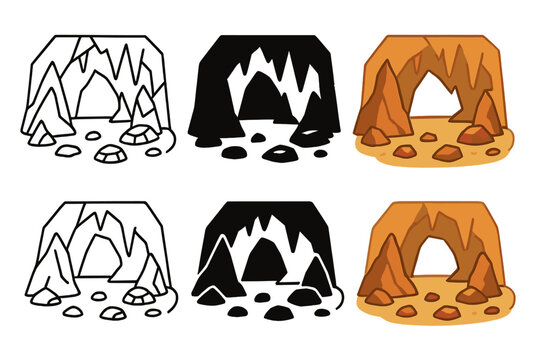 Iron Stones in Cave. Cave chamber with scattered iron-rich stones and metallic highlights, simple minimal vector illustration,