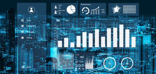 A sophisticated data dashboard showcases user performance metrics and trends through various graphs and charts against a vibrant urban night backdrop. Impute
