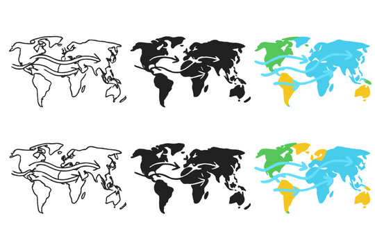 Global Jetstream Map. Global map showing jetstream paths with flowing arrows, minimal vector icon, first in line style with thin