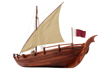Traditional dhow sailing boat flying qatar flag, historical maritime transportation on transparent background
