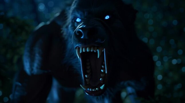 A werewolf with glowing eyes and bared teeth in a dark forest at night appears menacing