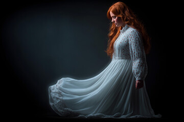 Fototapeta premium Woman in a flowing dress stands in a dark space with soft light highlighting her features and hair while she gazes downward