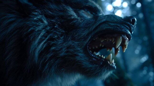 A close up of a werewolf with glowing blue eyes and sharp teeth in a dark forest area