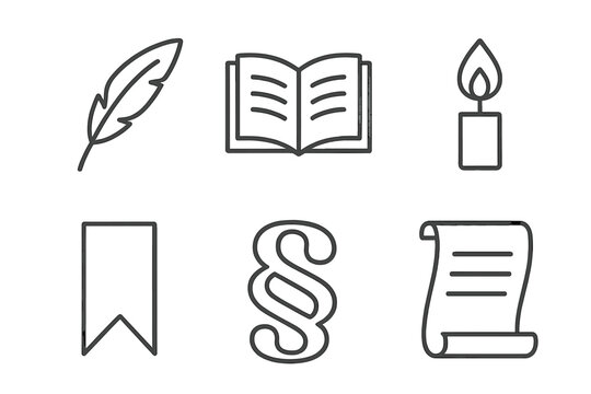 Story Elements Icons. Line style icons of Story Elements: quill pen, open book, candle flame, bookmark, paragraph line, narrative
