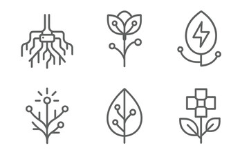 Synthetic Botany Icons. Line style icons of Synthetic Botany: metallic root, cyber petal, electric seed, glowing branch, wired