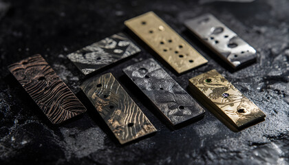 Detailed medium angle view of matte electroplated jewelry parts displaying subtle elegant metal finishes with artistic patterns