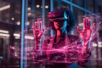 Black school student with VR headset using AI artificial intelligence technology & machine learning. Interactive technology in classroom. Innovation & smart tech. AI pink hologram in education	