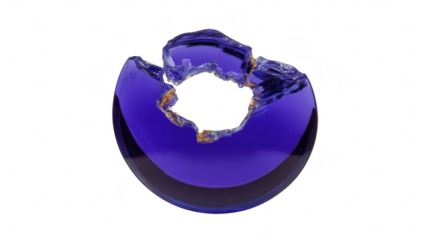 Broken blue glass ring with jagged edges, circular shape, and transparent surface, isolated on transparency background, symbolizing fragility and destruction, modern abstract art object