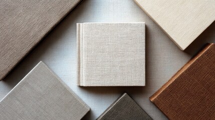 Neutral toned fabric covered journals arranged on a textured surface for minimalist design