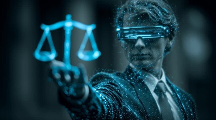 Man in suit and vr glasses holding scales of justice with digital particle effect