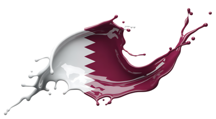 Qatars unique geographical shape, isolated on transparent background, is artistically portrayed with the national flags colors merging into dynamic liquid splashes, symbolizing the nations spirit and