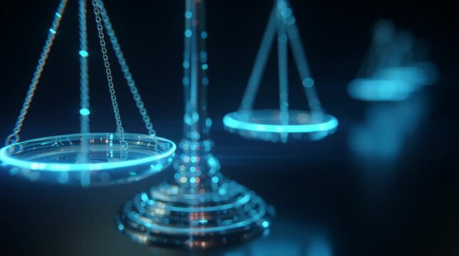 A digital rendering of scales of justice with blue light on a dark background scene