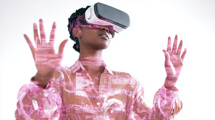 Black school student with VR headset using AI artificial intelligence technology & machine learning. Interactive technology in classroom. Innovation & smart tech. AI pink hologram in education	