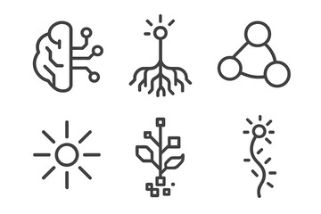 Fototapeta premium Cyber Organism Icons. Line style icons of Cyber Organism: neural circuit, glowing root, curved node, radiant pulse, pixel stem,