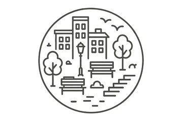Urban Serenity Icons. Line style vector icons of Urban Silence: buildings, benches, lamps, trees, birds, stairs. Round shape