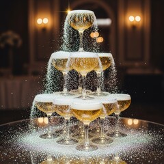 Elegant Champagne Tower Cascade During Celebration Showcasing Glassware and Festive Ambient Lighting.