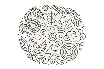 Fototapeta premium Mythic Energy Icons. Line style vector icons of Wired Tales: mythic beasts, energy flows, glowing runes, cloud spirits, lightning