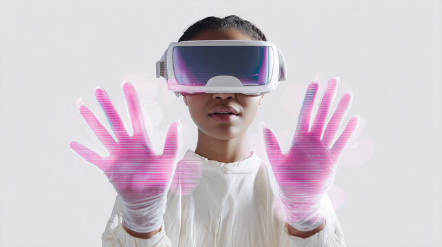 Black school student with VR headset using AI artificial intelligence technology & machine learning. Interactive technology in classroom. Innovation & smart tech. AI pink hologram in education	