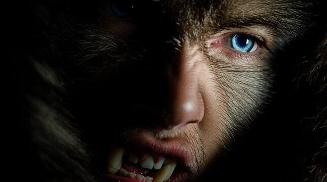 Close up of a werewolf face with blue eyes and sharp teeth in a dark environment