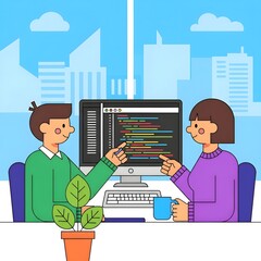 Developers working together on a computer, pointing at code in an office setting, with a plant in the foreground