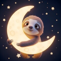 Naklejka premium Charming 3D rendered sloth character embracing a luminous crescent moon under a magical starry night sky