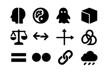 Dualism vs. Physicalism Icons. Solid style icons of dualism vs. physicalism: divided head, yin-yang brain, ghostly spirit,