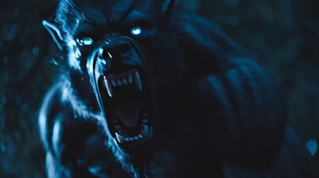 A werewolf with glowing eyes growls in the dark forest under the moonlight night