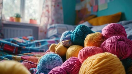 Video A cozy scene with a pile of yarn sitting on top of a bed, ready for knitting or crochet projects