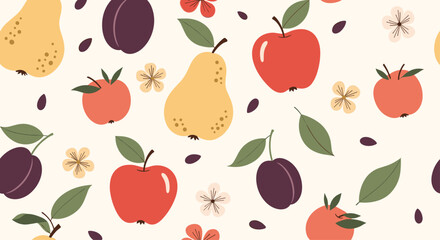 Seamless autumn fruit pattern with ripe apples yellow pears and purple plums mixed with leaves and flowers on a cream background.