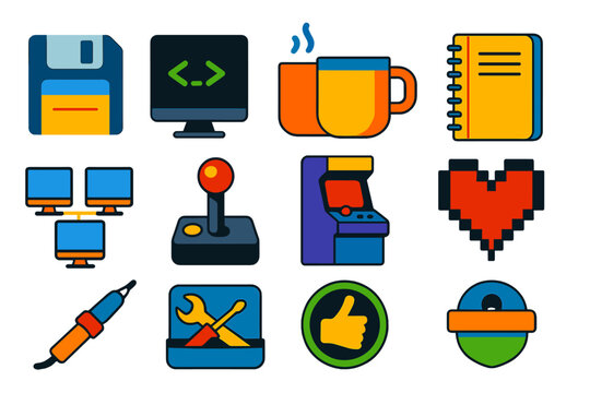 Retro Computing Icons. Flat vector icons of Retro Computing Culture: floppy disk, hacker terminal, coffee mug, notebook, LAN party
