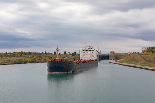 A Bulk Carrier Ship Exiting the Bertrand H. Snell Lock in Massena, New York on the St. Lawrence Seaway