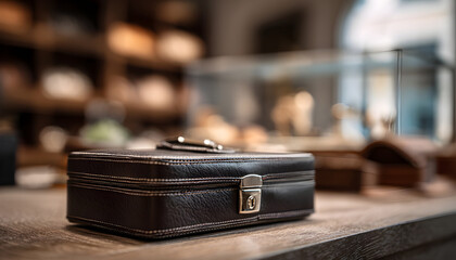 luxurious leather case on a wooden table highlighting detailed craftsmanship while the surrounding showroom softly fades out.