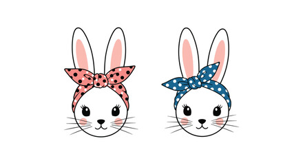Fototapeta premium Two adorable white bunny faces wearing stylish pink and blue polka-dot bandanas isolated on a clean white background design.