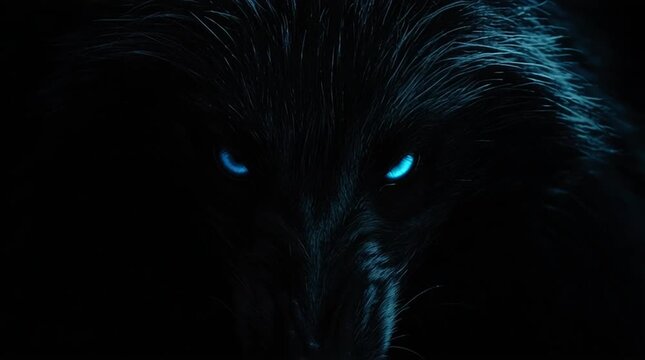 A close up of a dark wolf with glowing blue eyes staring intensely in the shadows