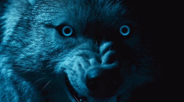 Close up of a blue tinted wolf with glowing eyes snarling in a dark environment view