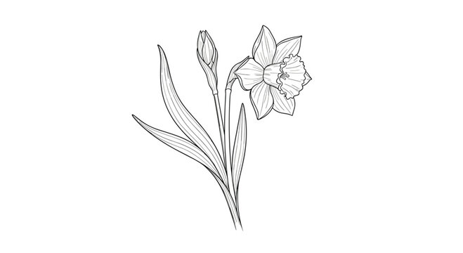 A detailed and realistic black and white line art illustration of a daffodil flower and bud with leaves on a white background.