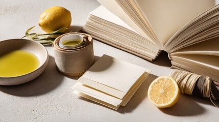 Rustic cafe scene with lemon, olive oil, and open books for culinary inspiration