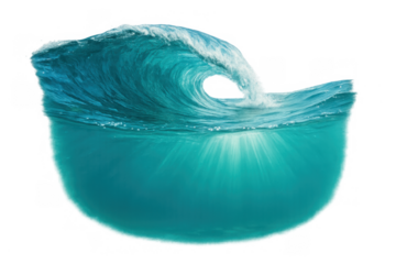 Ocean wave breaking above and below water with sun rays, transparent background for marine concepts