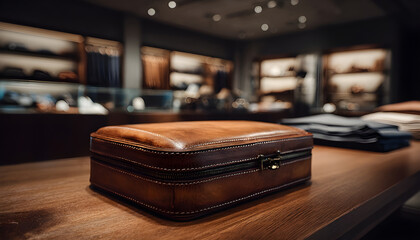 luxurious leather case on a wooden table highlighting detailed craftsmanship while the surrounding showroom softly fades out.