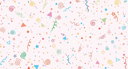 Lively seamless pattern bursting with colorful confetti stars and playful swirls creating a cheerful and festive background.