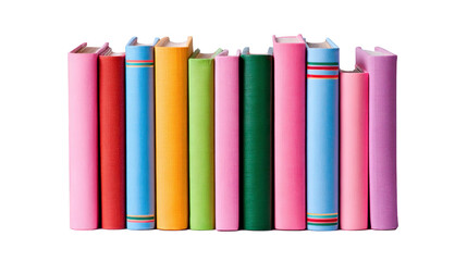 Colorful book collection upright on transparency background includes pink blue green yellow and red covers creating cheerful and organized library or study atmosphere