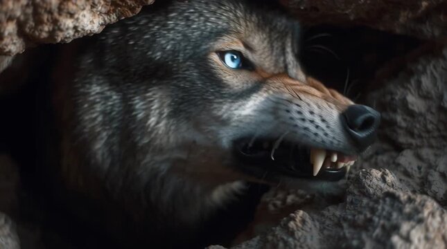 Close up of an angry wolf with blue eyes snarling in a cave showing its sharp teeth